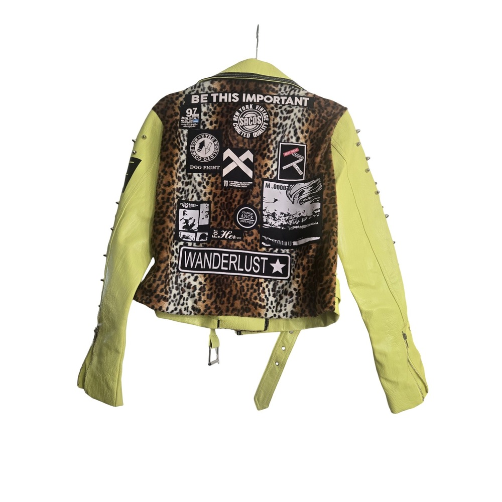 For Her NYC Pistachio Moto Jacket Lime Green Studded Graphic Leopard Print L NWT - Picture 2 of 5
